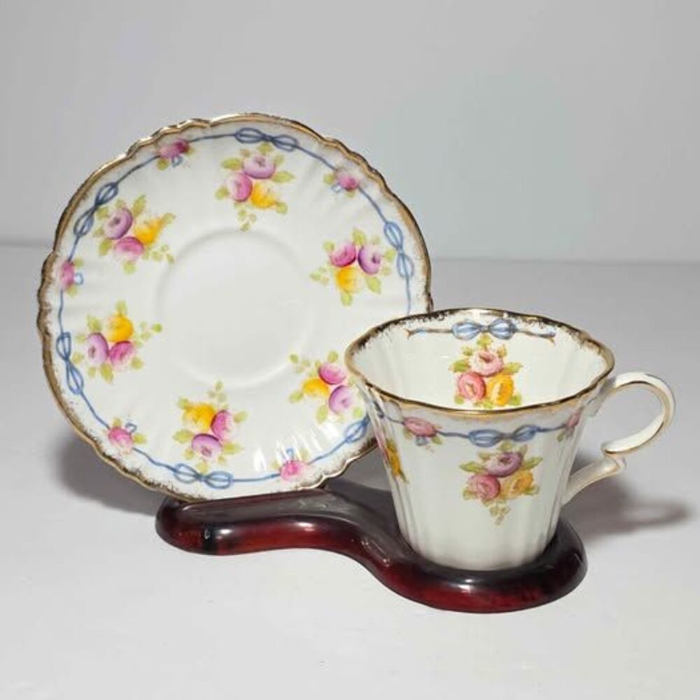 Royal Albert Teacup and Saucer Purple Yellow Flowers Bows